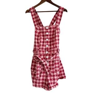 Rachel Antonoff Size 14 Pink Red Gingham Floral Romper Overalls Heart Pockets